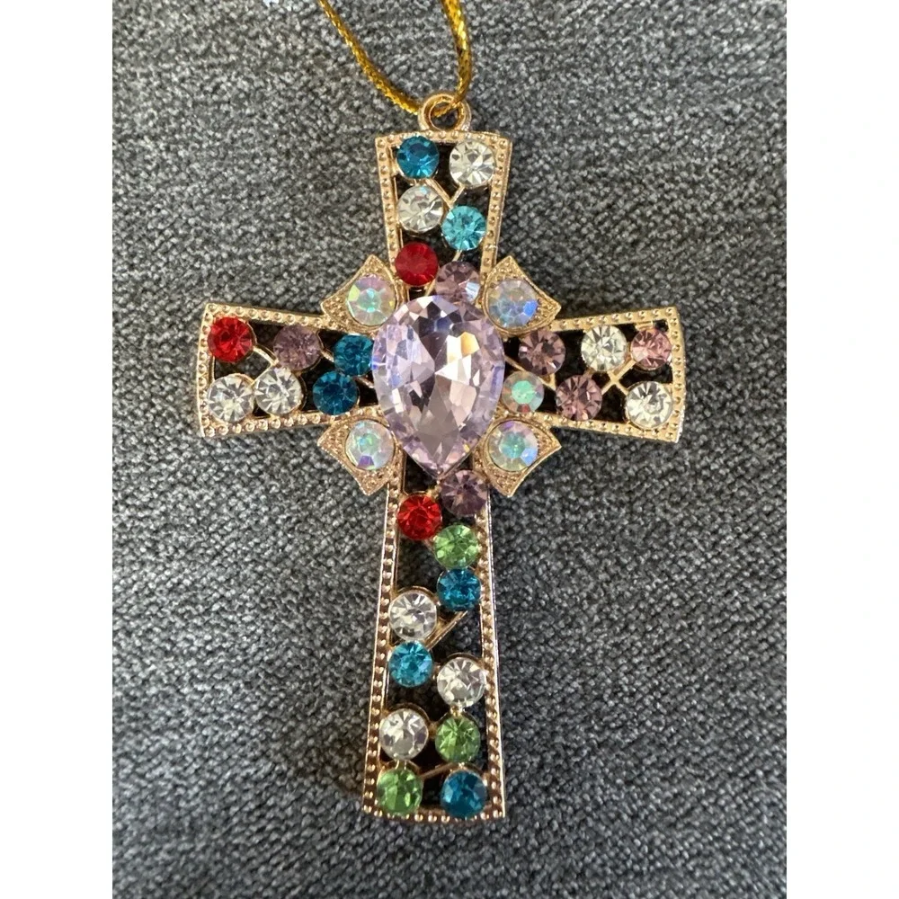 Rhinestone Cross Medal Gold Tone 2.5